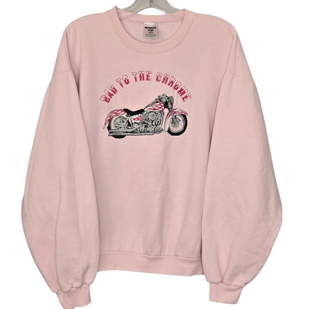 Vtg 90s Jerzees Pink Motorcycle Sweatshirt‎ Large Bad to the Chrome Embroidered